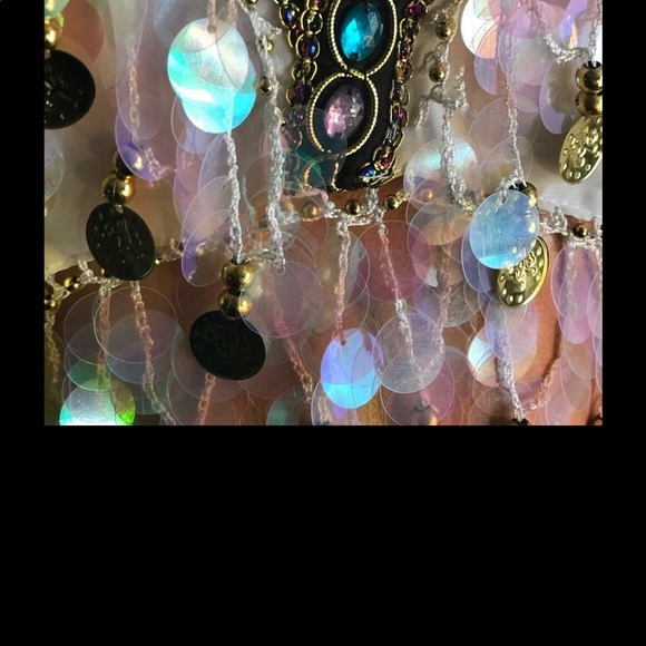 Reflective sequin iridescent hologram gypsy top festival white shirt rave dance - Picture 5 of 5